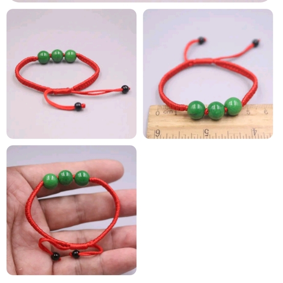 Green Jade Jadeite Round Ball Red Knitted Bracelet - Picture 2 of 5